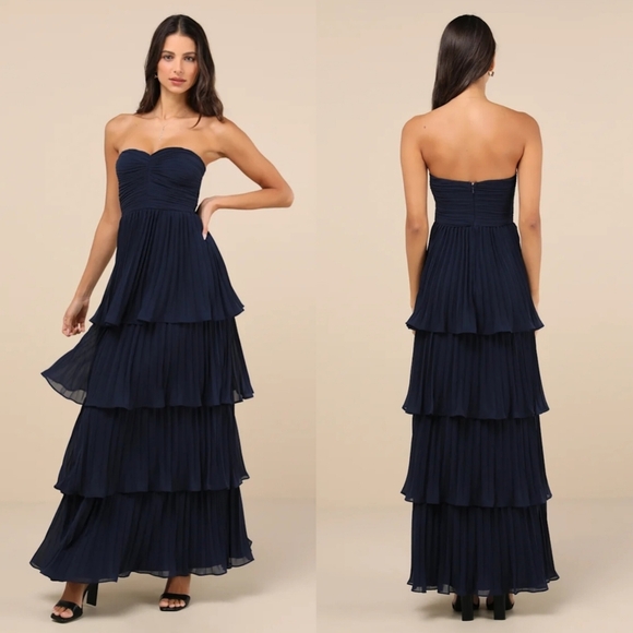 Lulus Seriously Sensational Navy Blue Strapless Tiered Maxi Dress Wedding Party - Picture 1 of 8